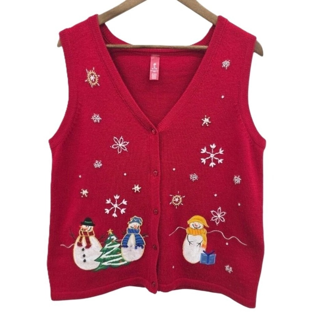 Womens M Red Snowman Christmas Sweater Vest Embroidered Festive Holiday Knit
